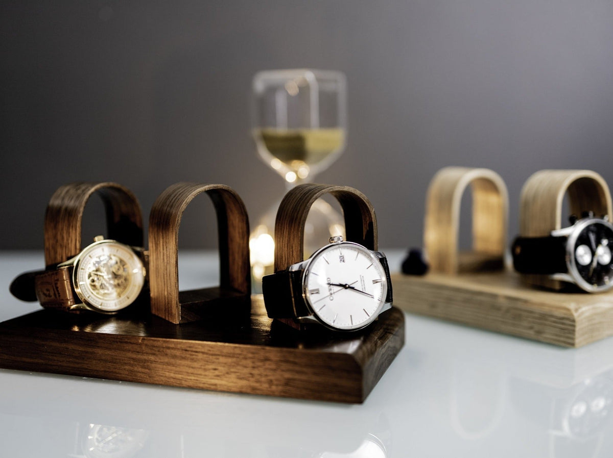 Handcrafted Black Walnut watch stand showing rich grain and natural beauty