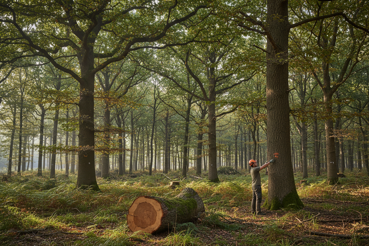 Sustainable hardwood forest showing mature oak and ash trees in responsible forestry management