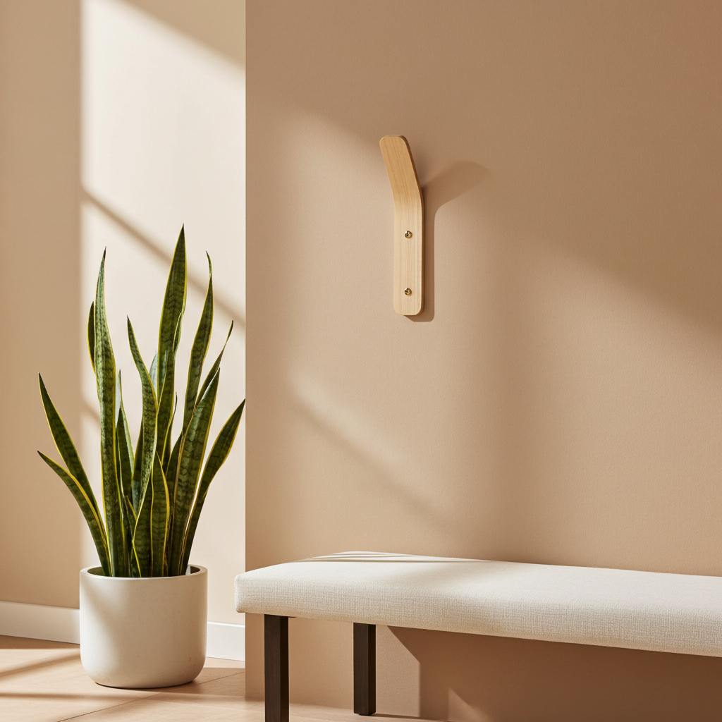 Potted plant next to a white bench against a beige wall with a coat hook above the bench in the hallway