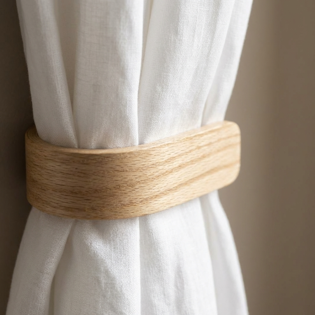 Wooden curtain tieback on a white curtain against a neutral background