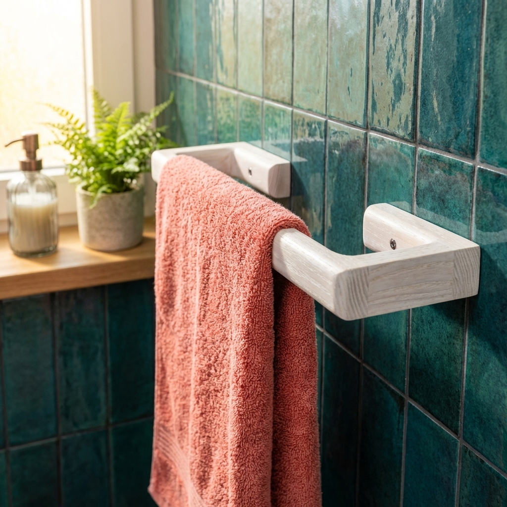 Bathroom with teal tiles, a towel rack with a pink towel, and a small plant on a windowsill.