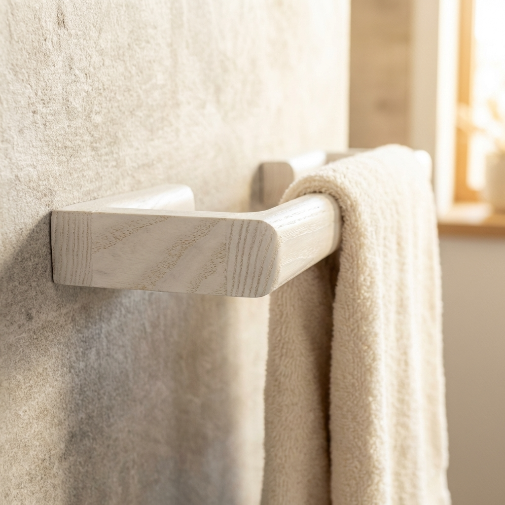 Wooden towel rack with a beige towel on a textured wall.
