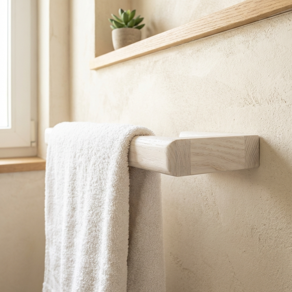 Wooden towel rack with a white towel on a beige wall.