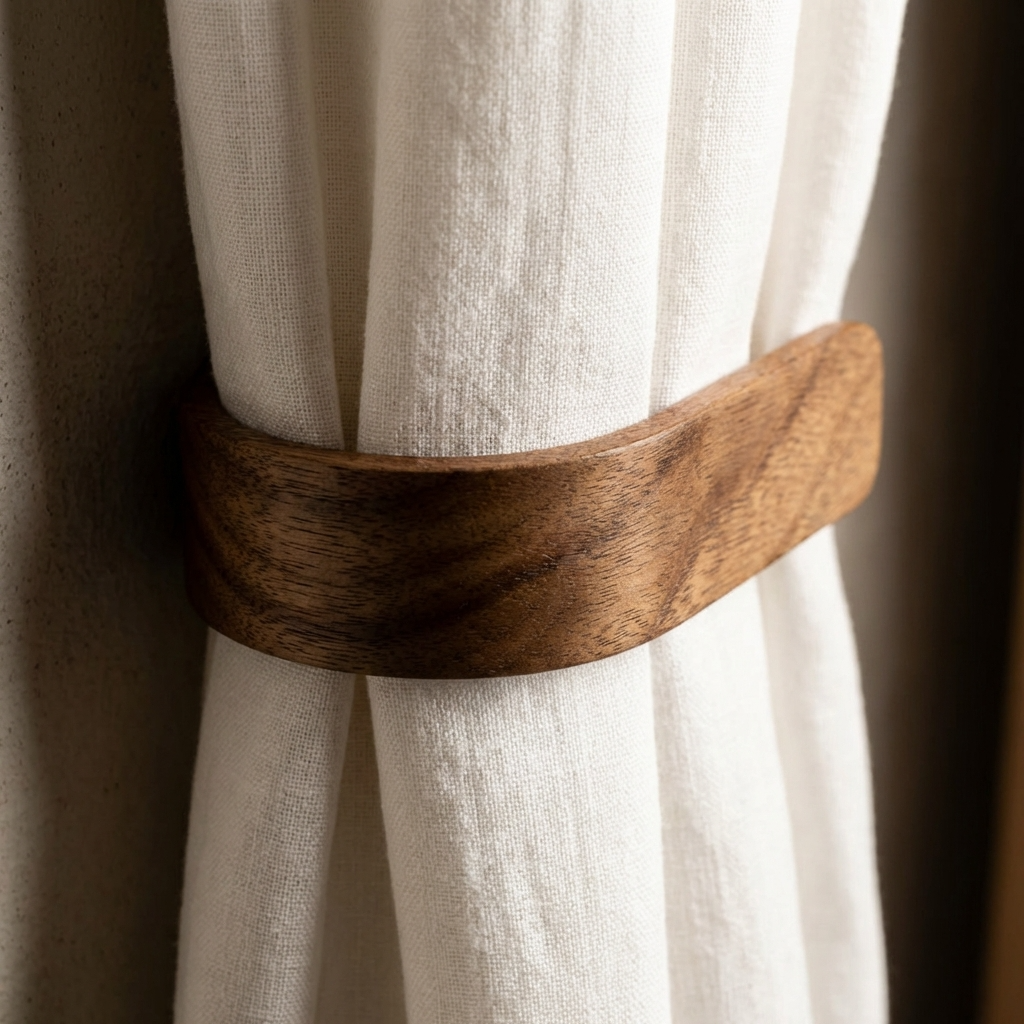 Wooden curtain tieback on a white curtain with a blurred background