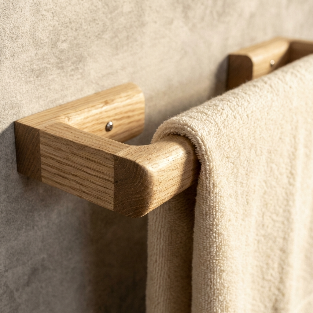 Wooden towel rack with a beige towel on a textured wall.