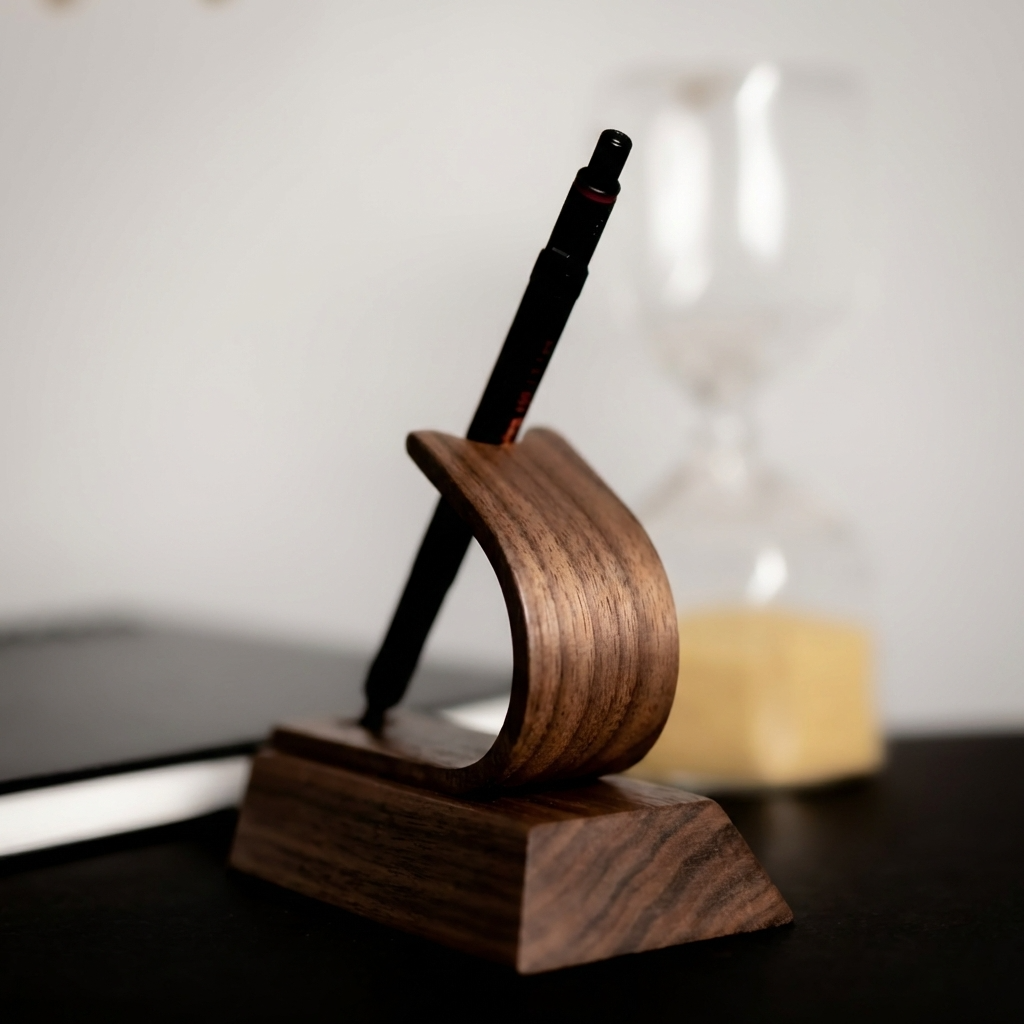 Wooden pen holder with a pen on a blurred background
