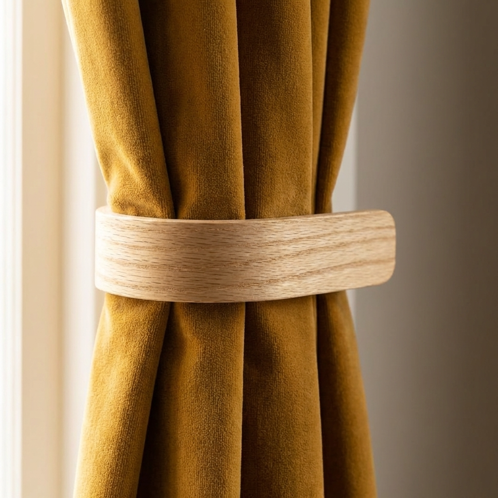 Brown curtain with wooden tieback against a neutral background