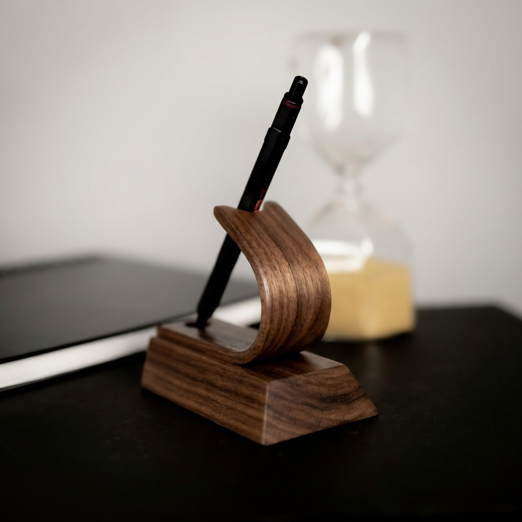 Wooden pen holder with a pen on a desk with on a executive desk