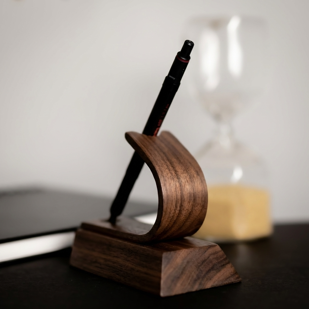 Walnut pen stand holding a Montblanc