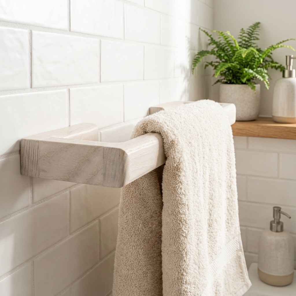 Beige towel draped over a wooden towel bar in a bathroom with white tiles and a plant.