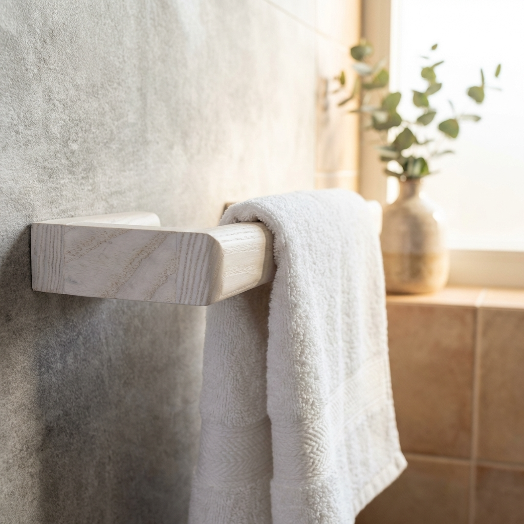 White towel draped over a wooden towel rack in a bathroom setting.