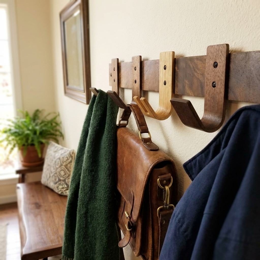 Wooden wall hooks with coats and a bag in a home setting