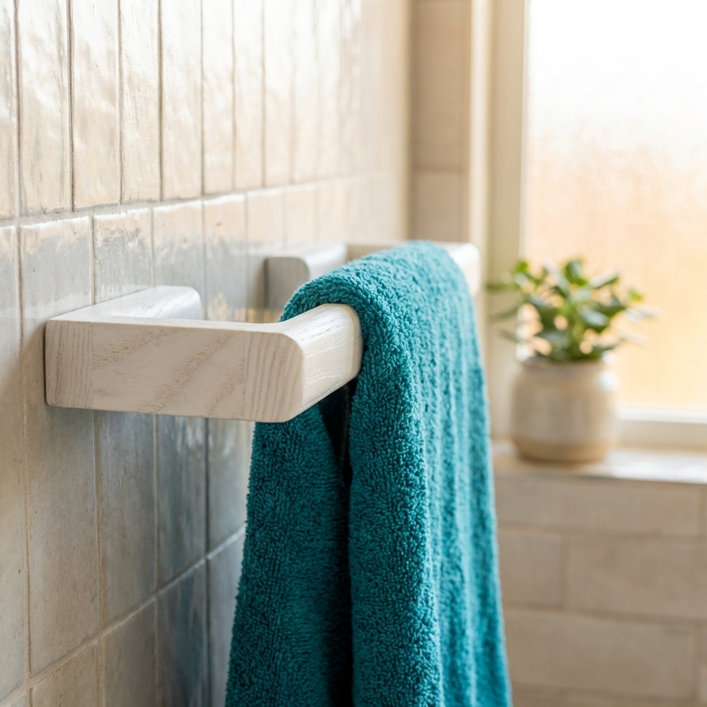 Teal towel hanging on a wooden towel rack in a bathroom.