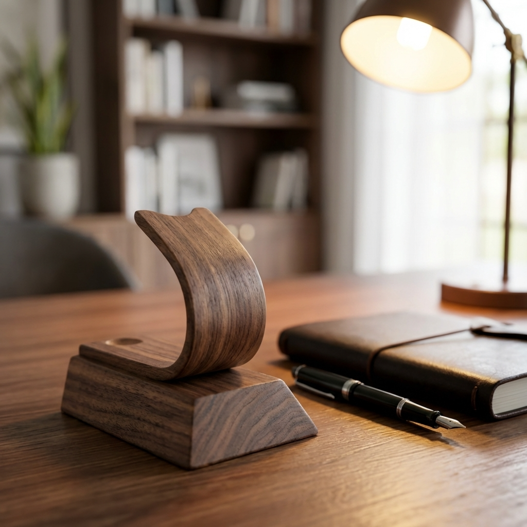 Wooden desk organizer on a wooden desk with a notebook and pen in the background.