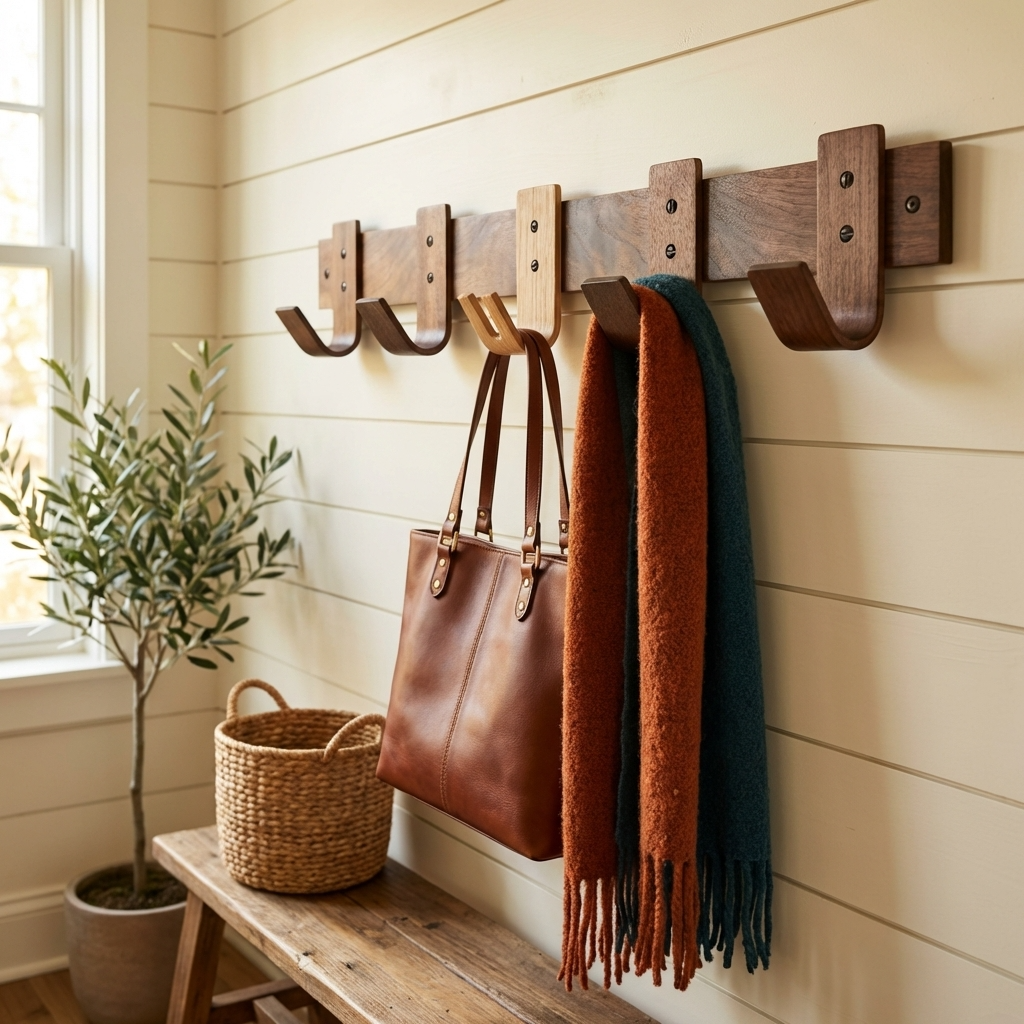 Close-up of 5 sturdy coat hooks and oak key hook