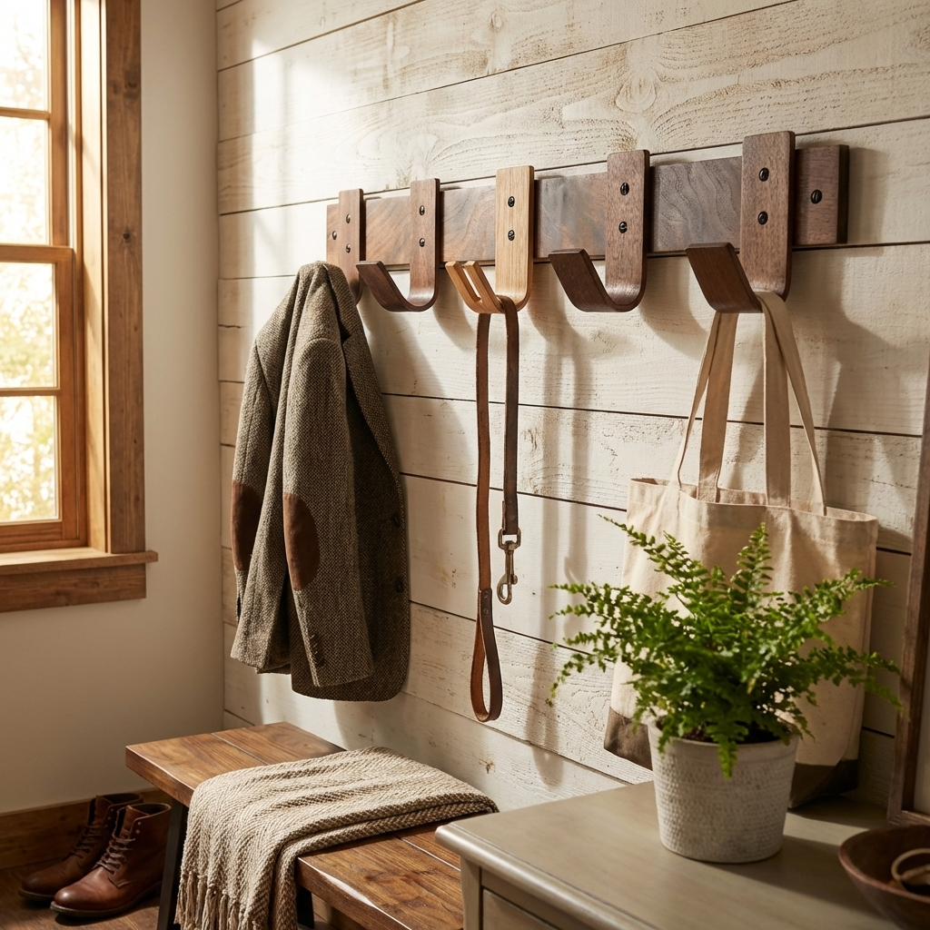 Organized entryway with coats, bags, scarves, and keys