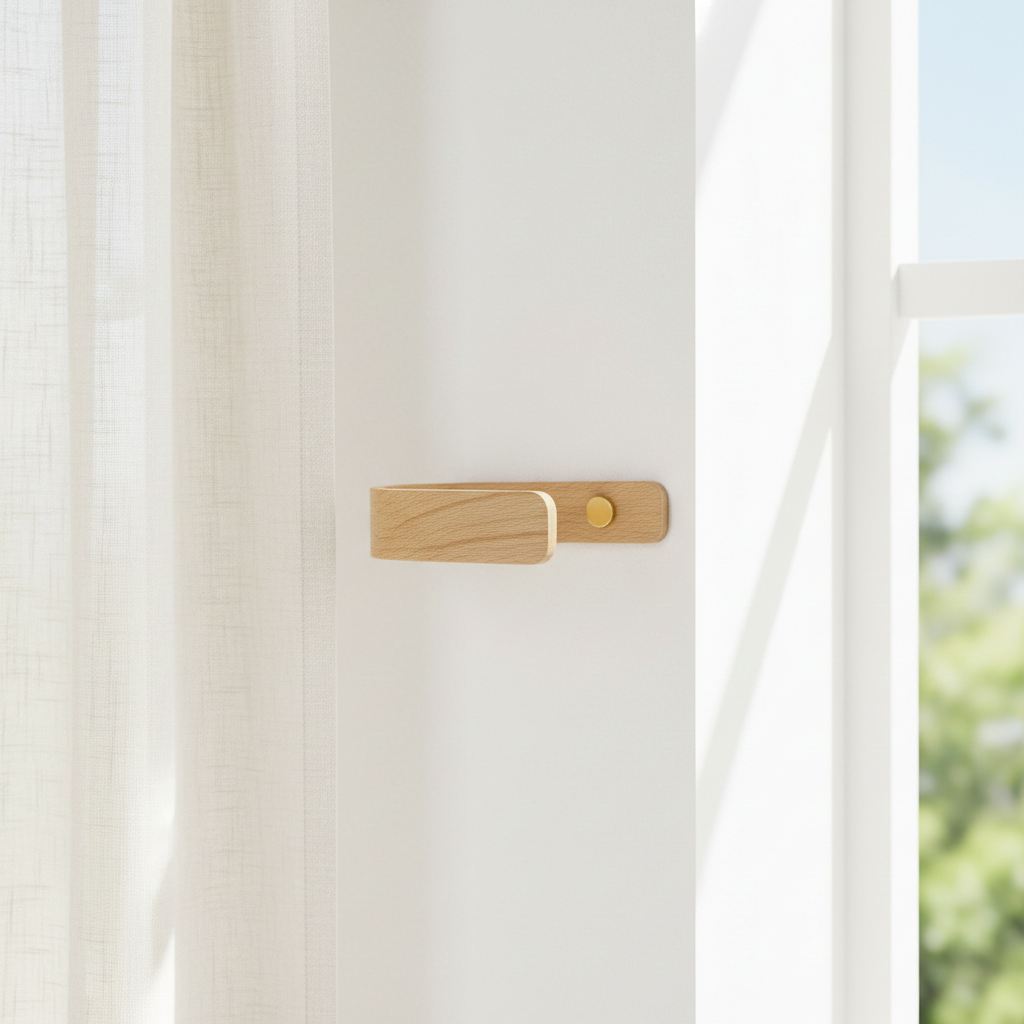 Wooden curtain holdback on a white wall with a blurred green outdoor background through the window