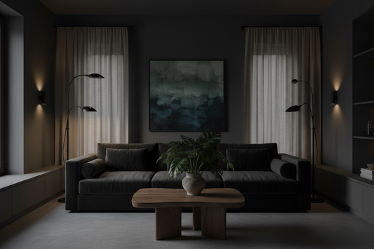Moody modern interior design with dark walls, designer wooden curtain holdbacks, and minimalist decor