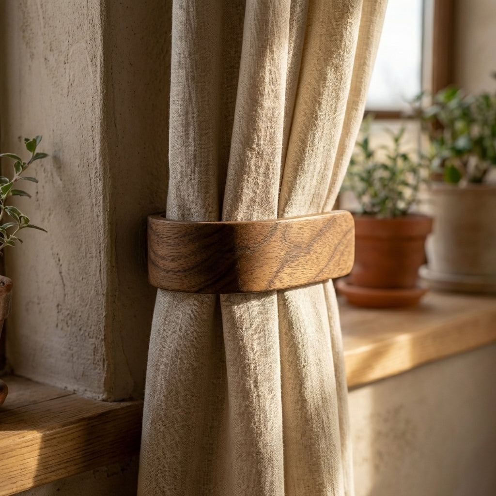 Solid walnut curtain holdbacks mounted on wall holding back neutral linen curtains, showcasing smooth curved design and rich natural wood grain