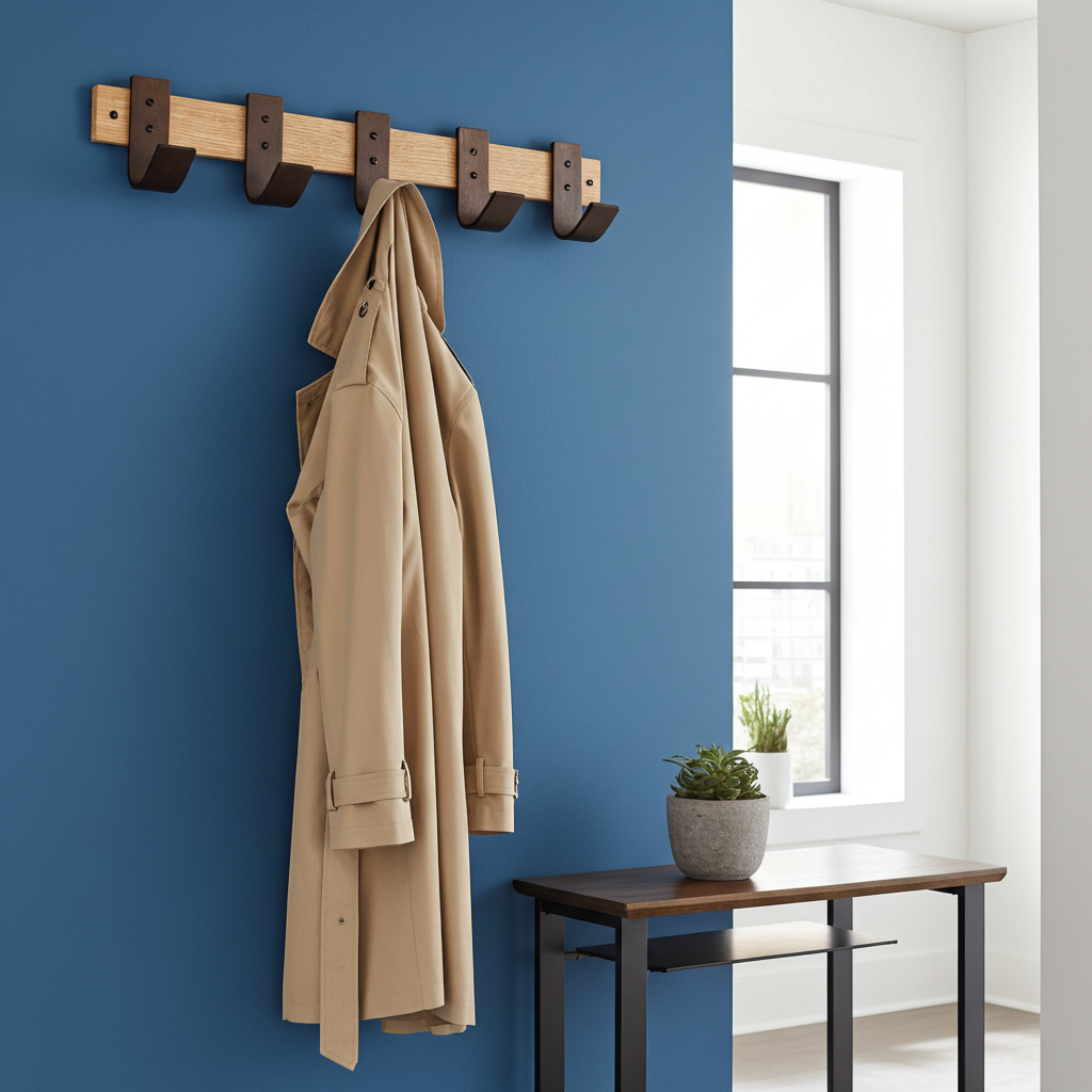 Coat hanging on a wooden hook against a blue wall with a table and plants in the background.