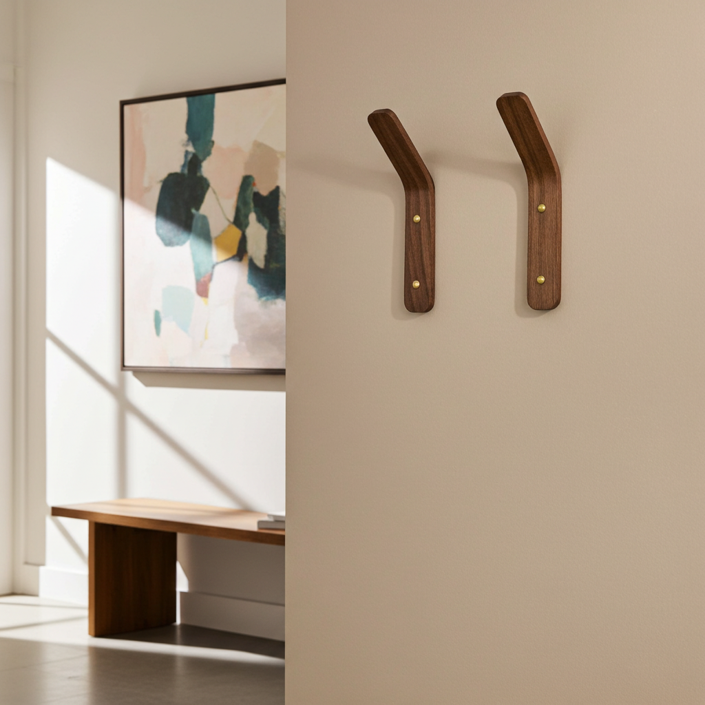 Two wooden wall hooks on a beige wall with abstract art and a bench in the background.