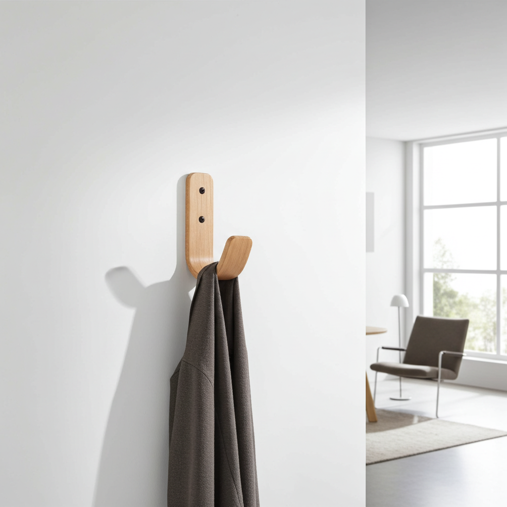 Wooden wall hook with a gray coat in a modern room.