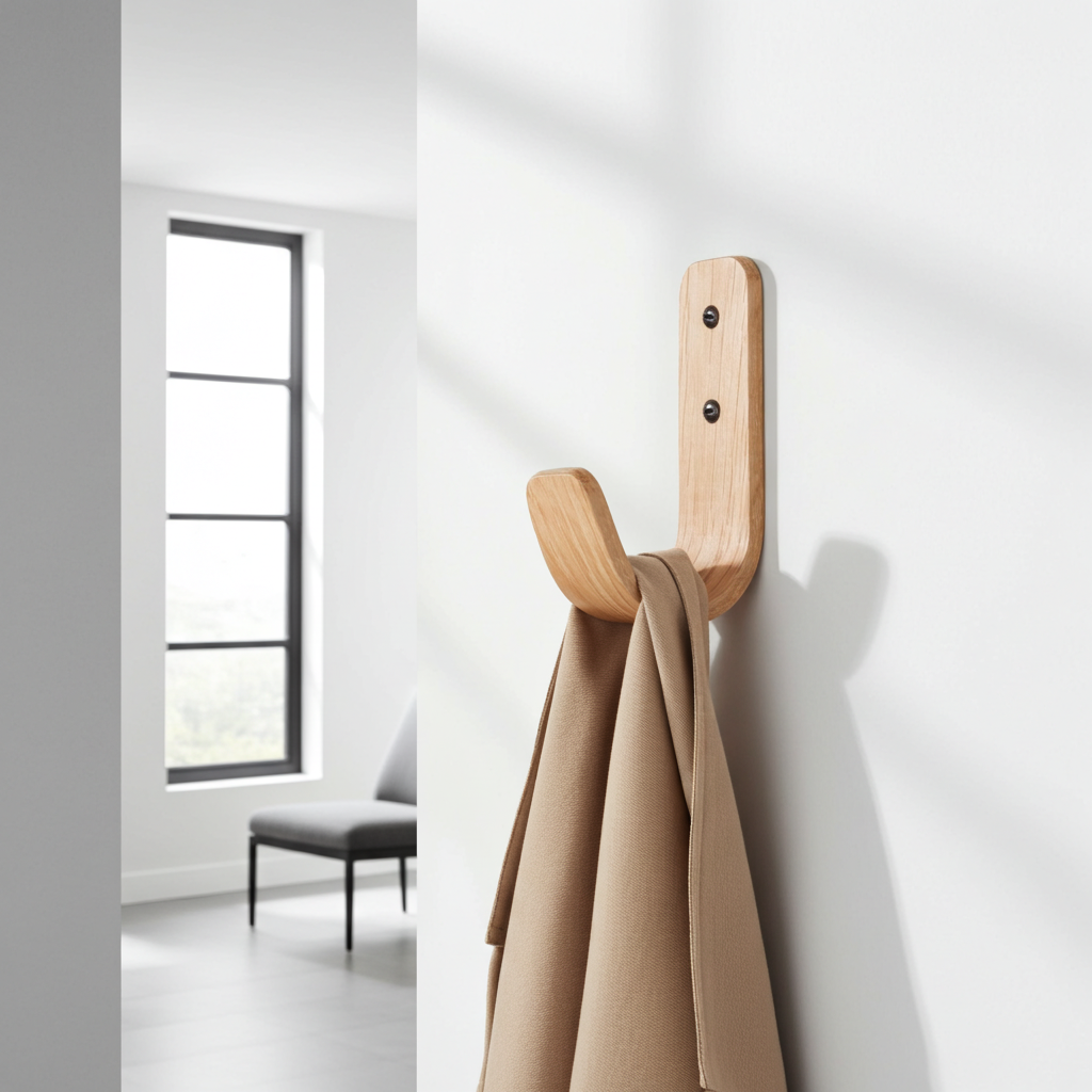 Wooden coat hook with a beige coat on a white wall.
