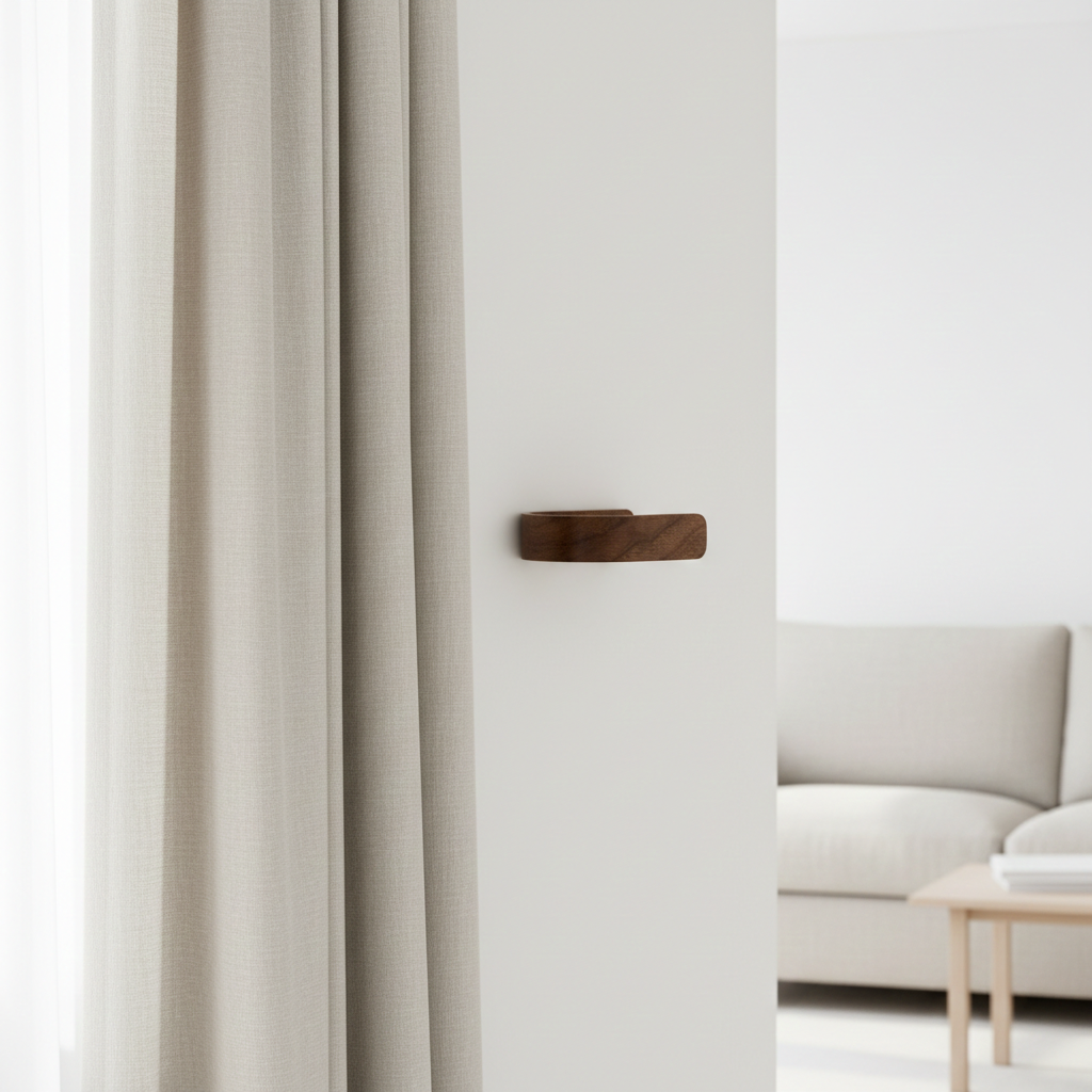 Light gray curtain with a walnut curtain holdback in a minimalistic room.
