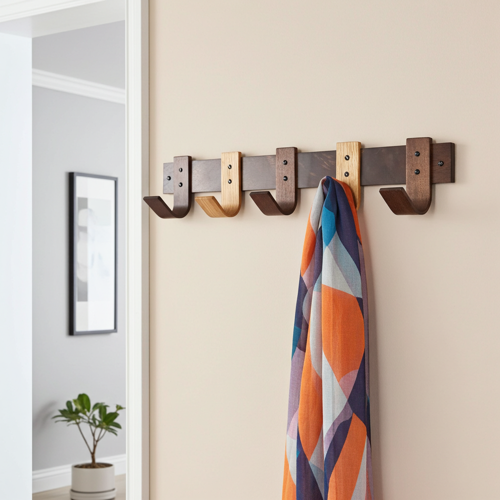 Wall-mounted coat rack with hooks holding a colorful towel against a beige wall.