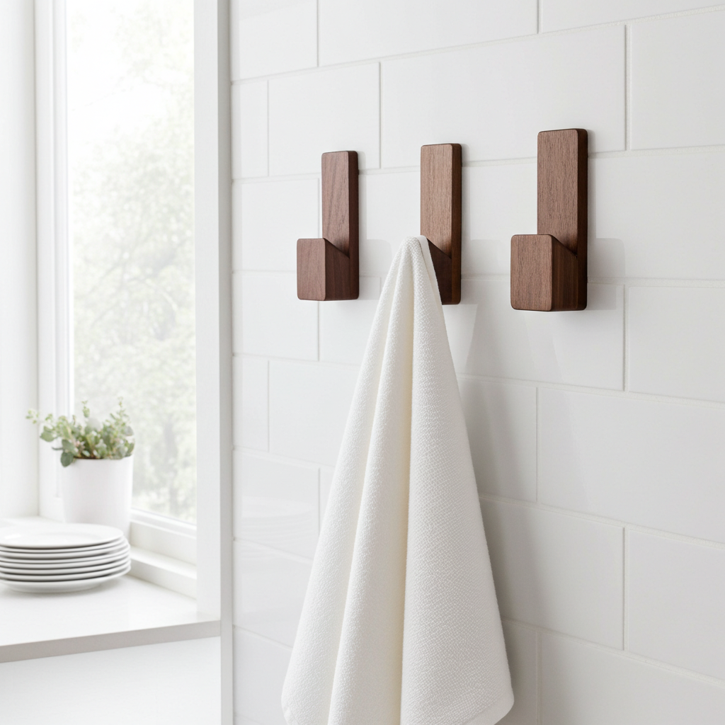 Three wooden wall hooks with a white towel on a tiled wall.