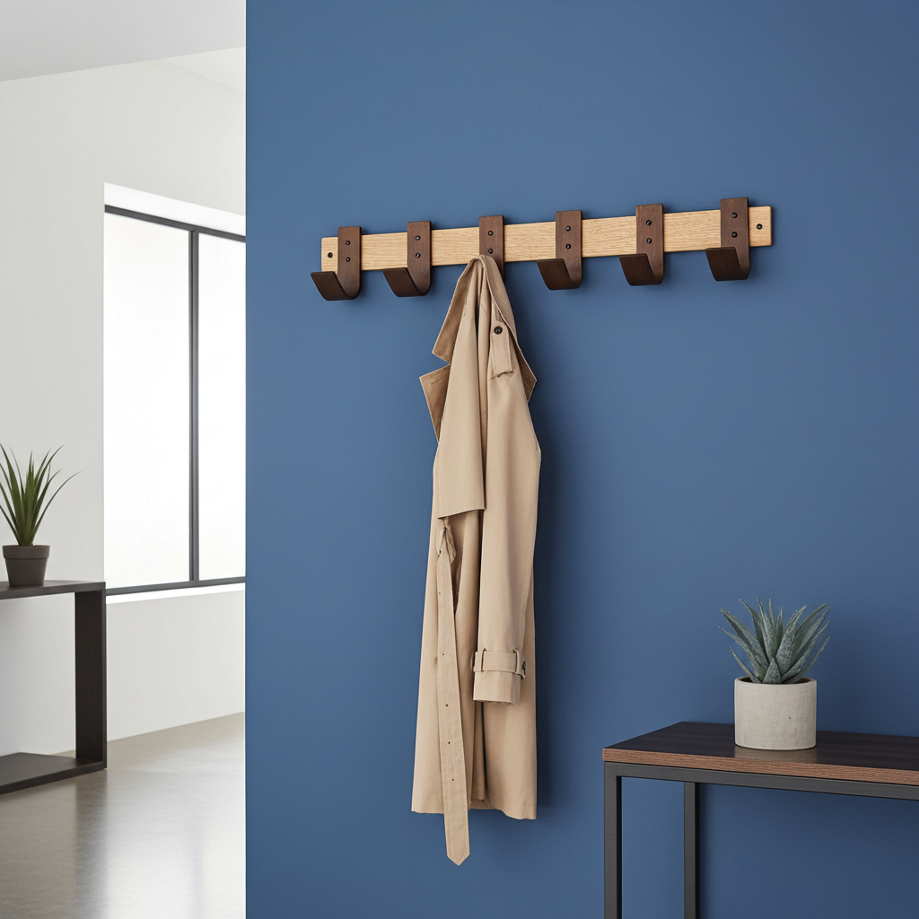 Wooden coat rack with hooks on a blue wall in a modern interior setting.