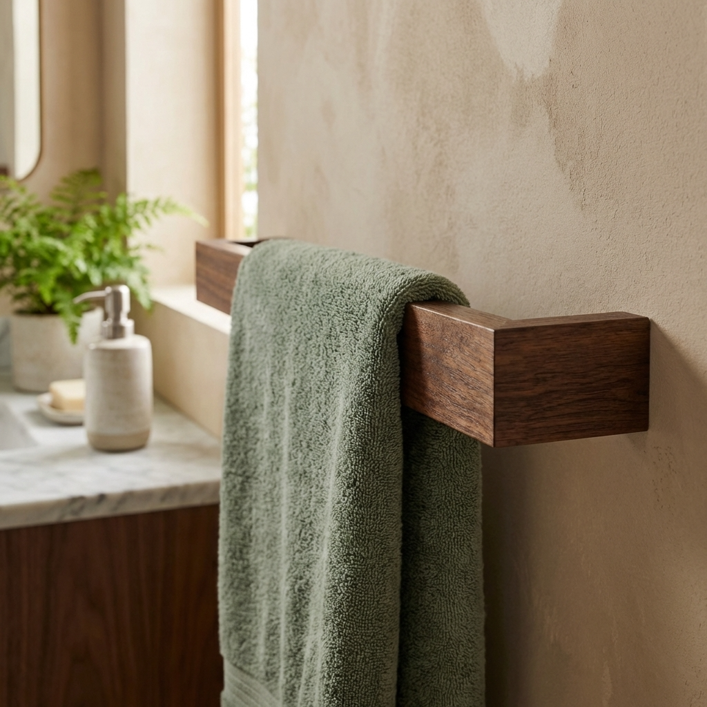 Green towel hanging on a luxury wooden towel rack in a bathroom.