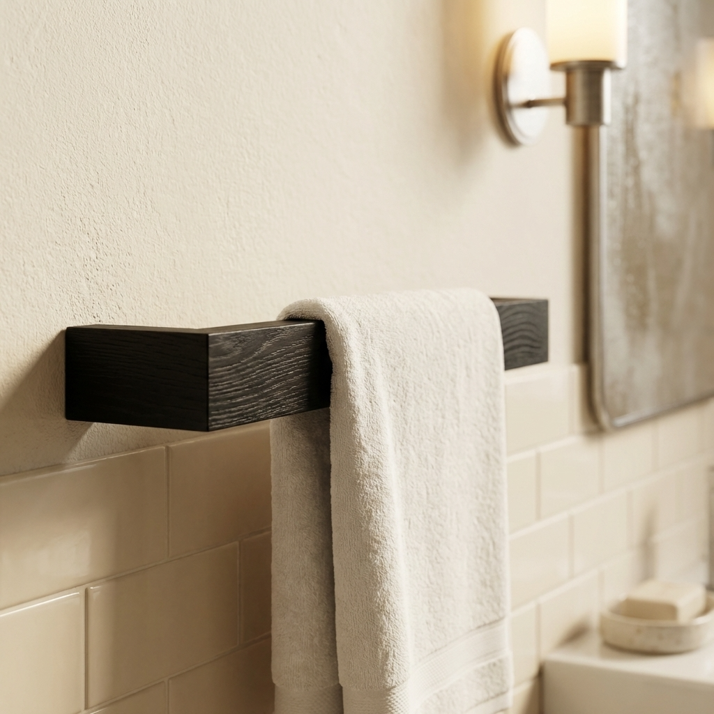 Towel hanging on a black towel rack in a bathroom setting.