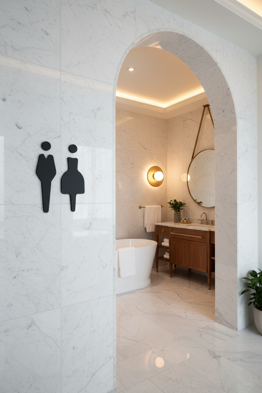 Boutique hotel entrance toilet sign