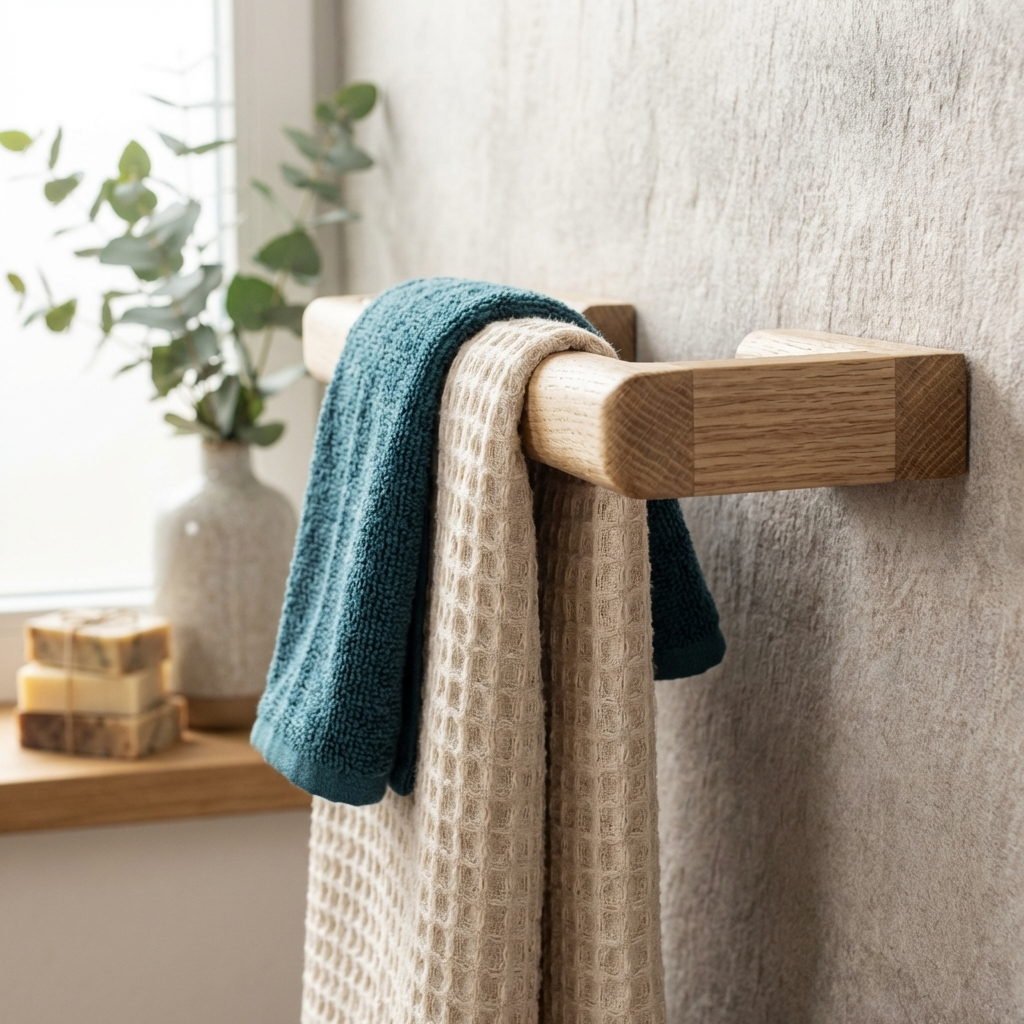 Wooden towel rack with towels hanging on a neutral wall.