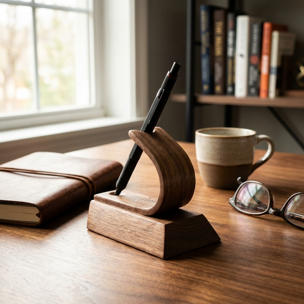 Wooden pen holder with a pen on a desk next to a coffee mug and glasses, with books in the background.