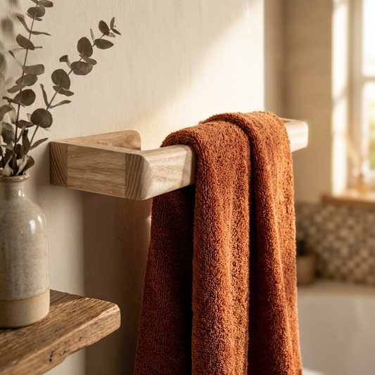 Brown towel draped over a wooden towel rail  with a vase and plant in a bathroom setting