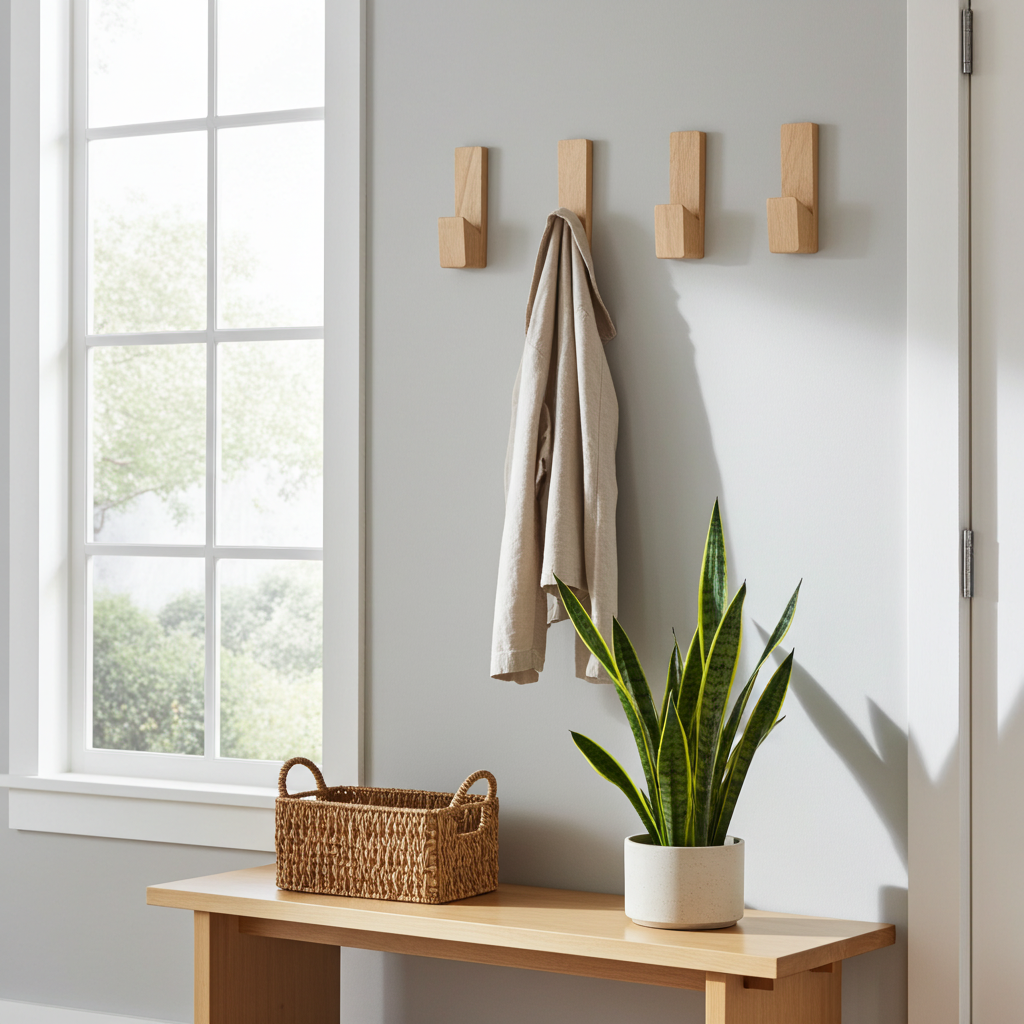 Wooden coat hooks on a wall with a plant and basket on a table in a bright room.
