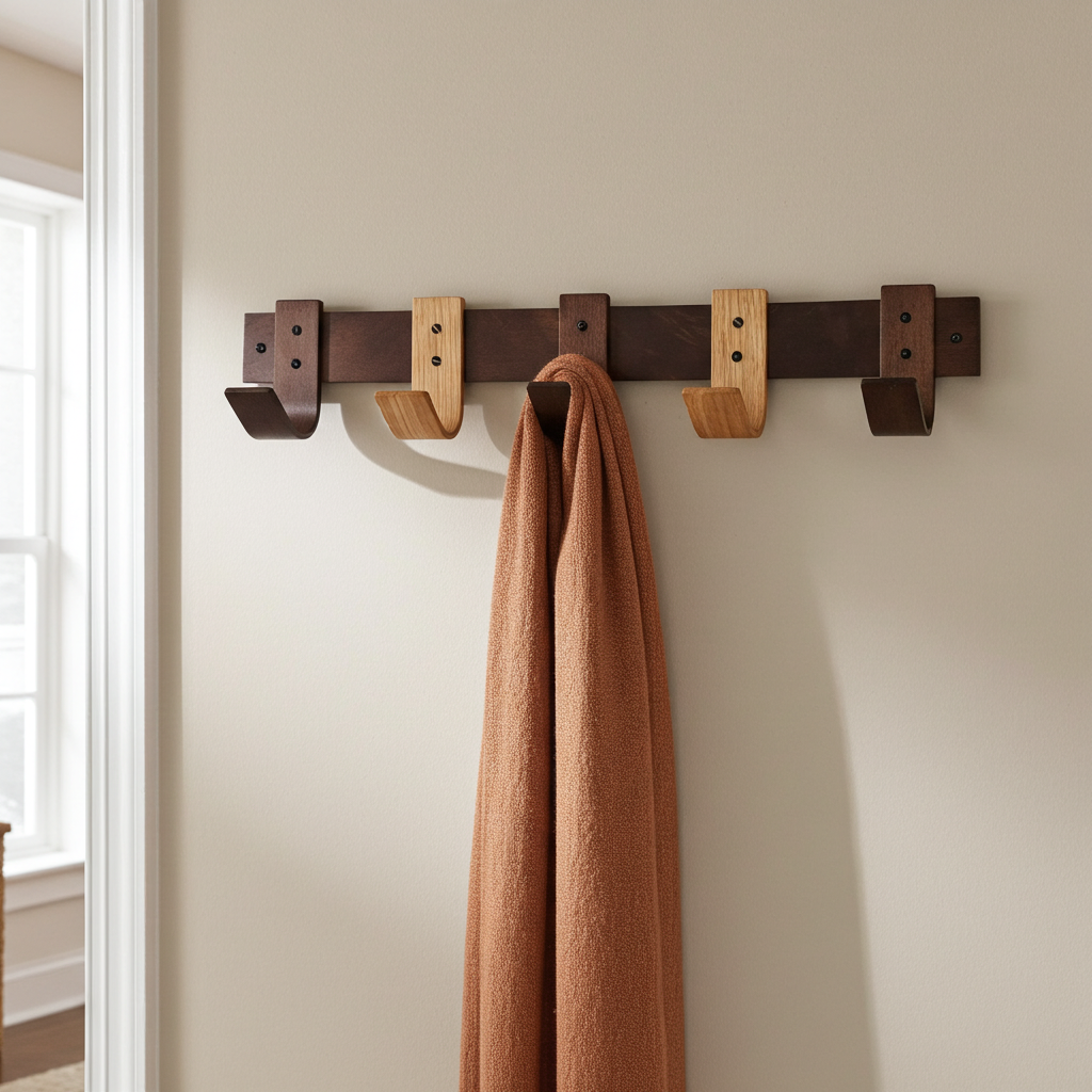 Wooden wall hook with five hooks on a beige wall, with a brown towel hanging from one of them.