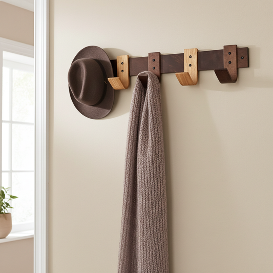 Wooden wall hook with a hat and scarf hanging on a beige wall.