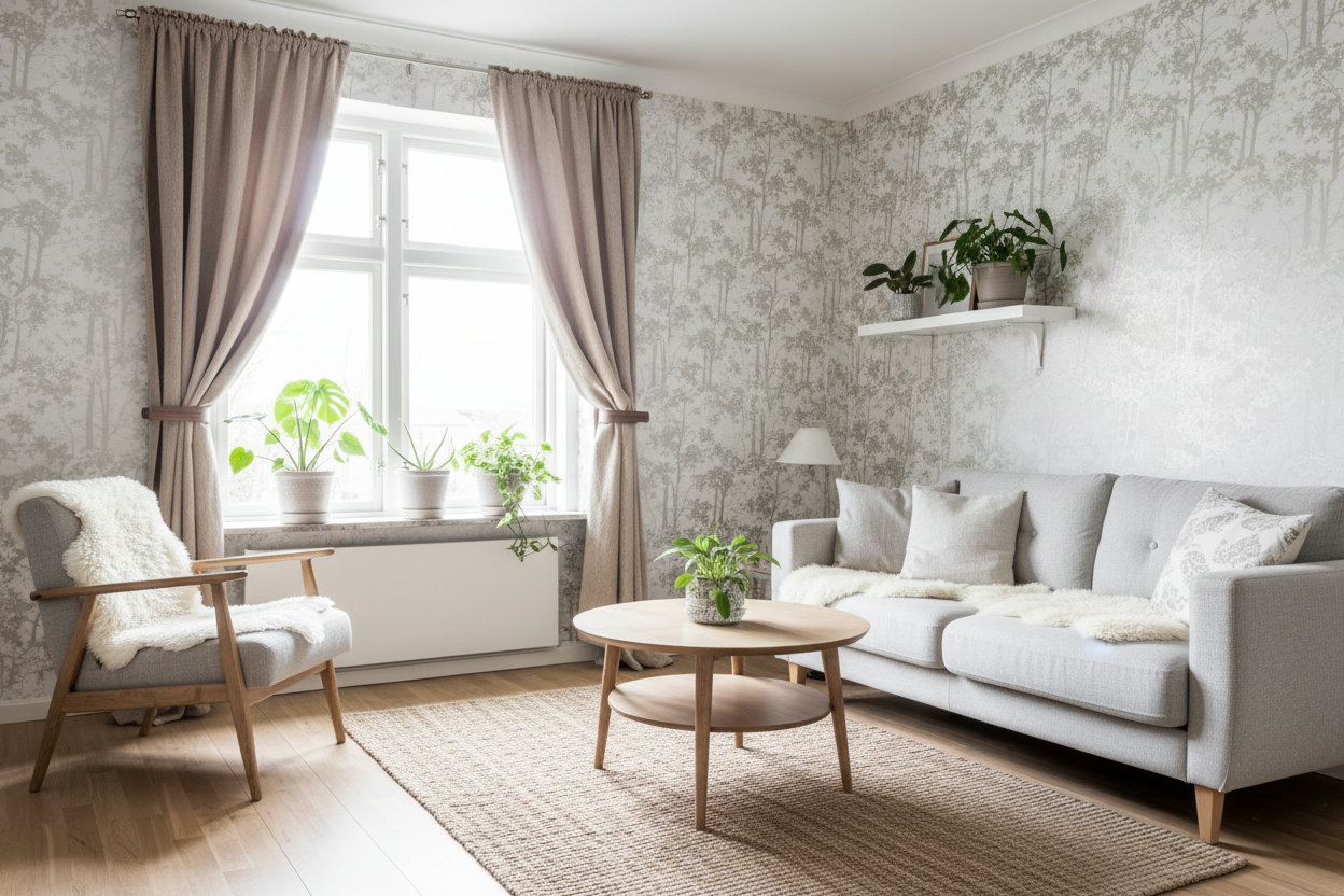 Nordic scene of the hotel waiting area curtain beging held back using NOIR.DESIGN walnut curtain holdbacks