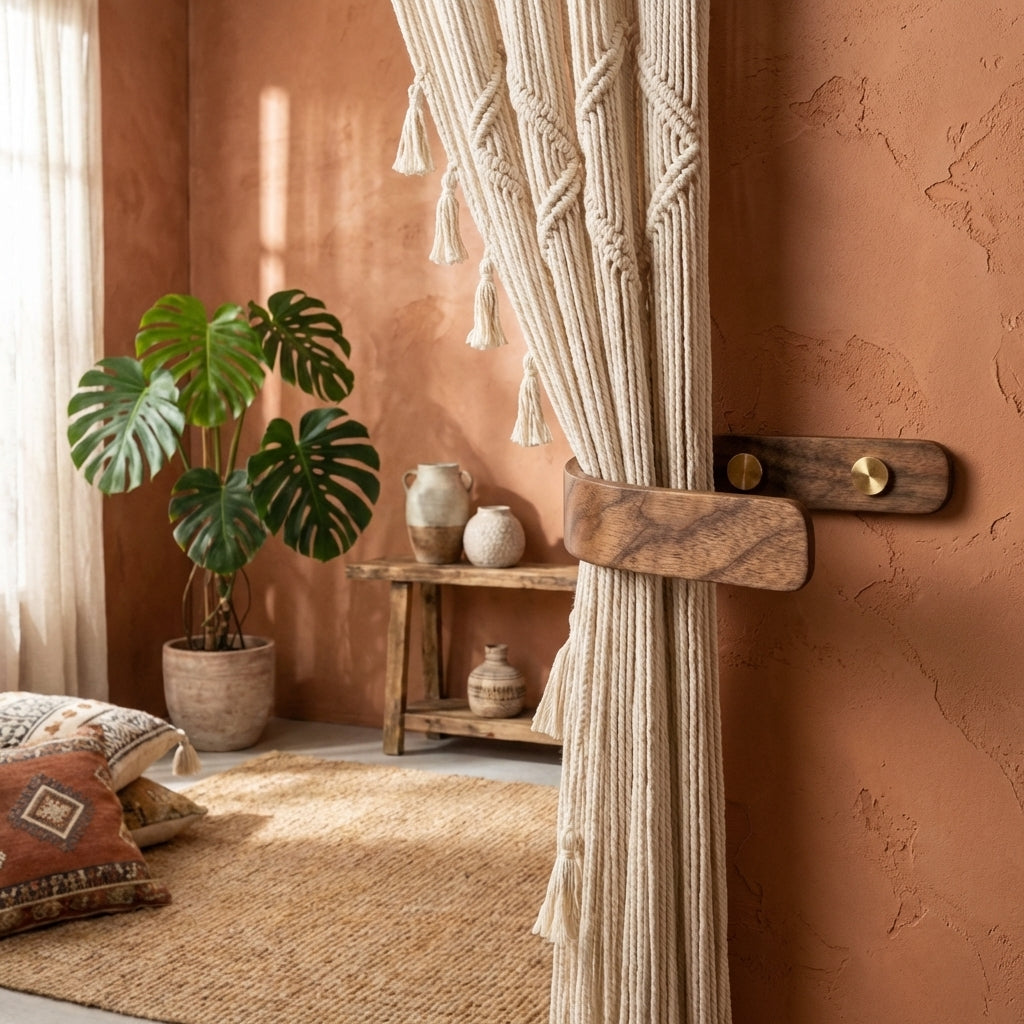 Cozy living room with terracotta walls, macrame curtain, and decorative items. Boho lifestyle shot
