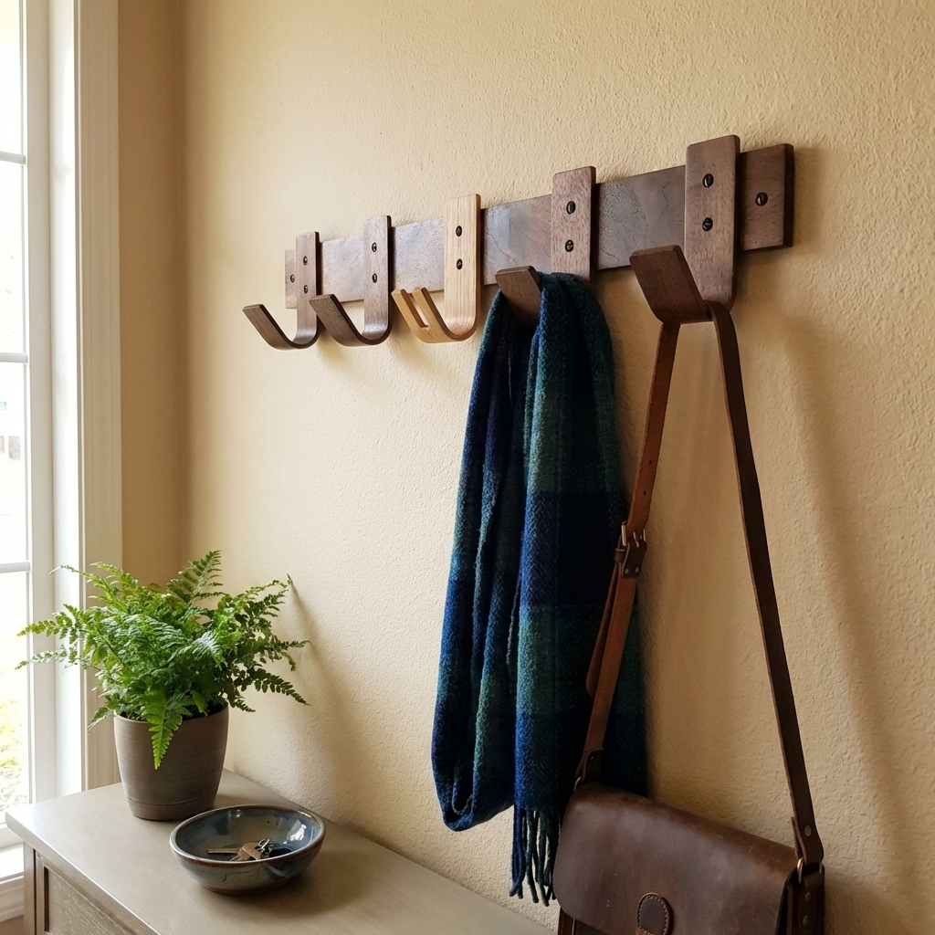 Wooden wall hook with a blue scarf and brown bag on a beige wall.
