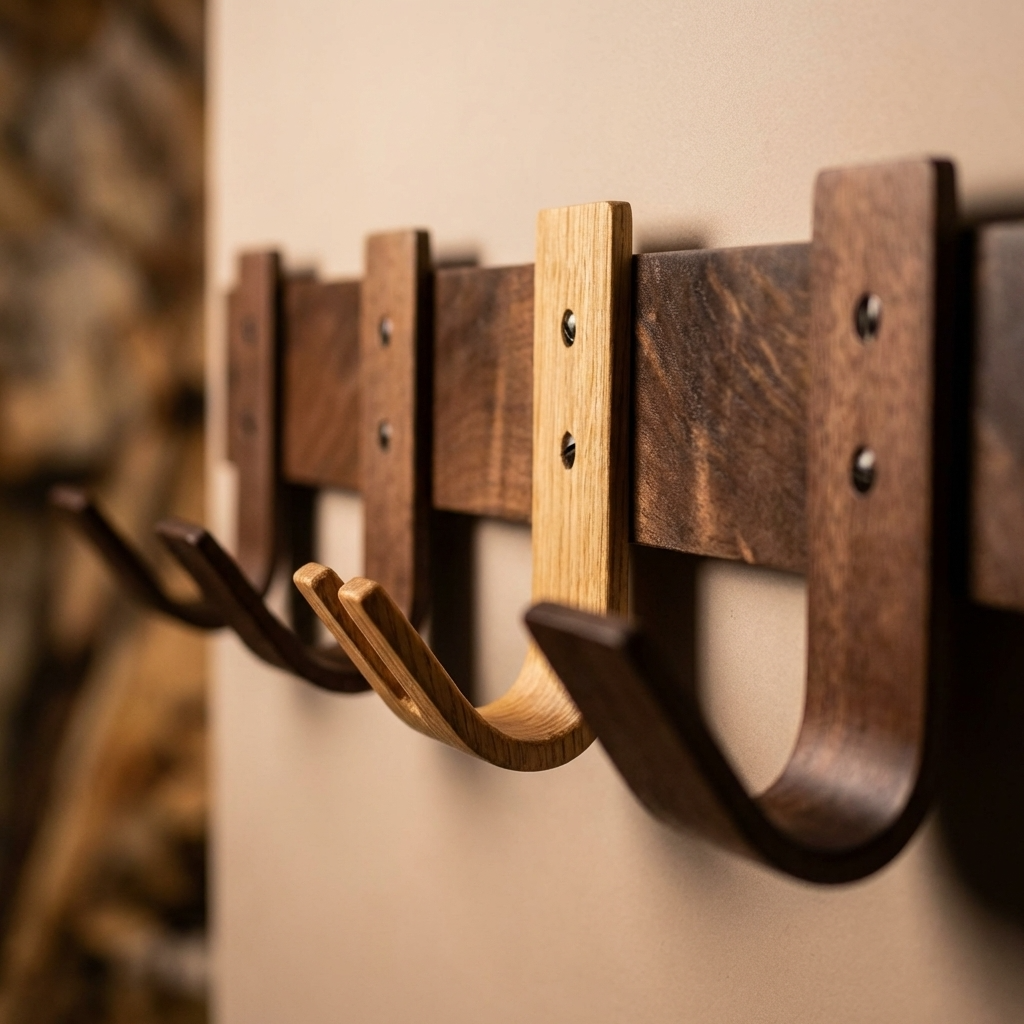 Close-up of craftsmanship on steam-bent walnut and oak key hook