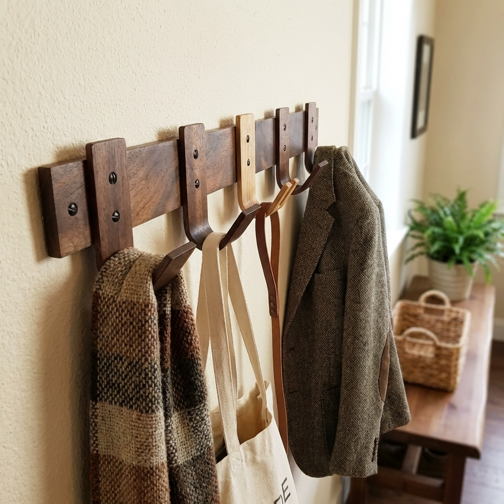 Hallway setup with walnut coat rack and oak key hook