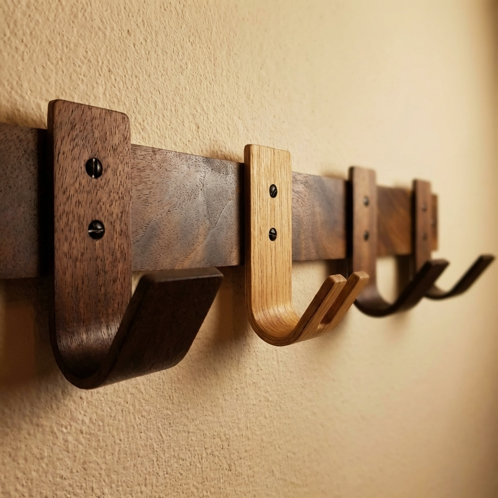 Handcrafted steam-bent walnut coat rack with luxury oak key hook finish