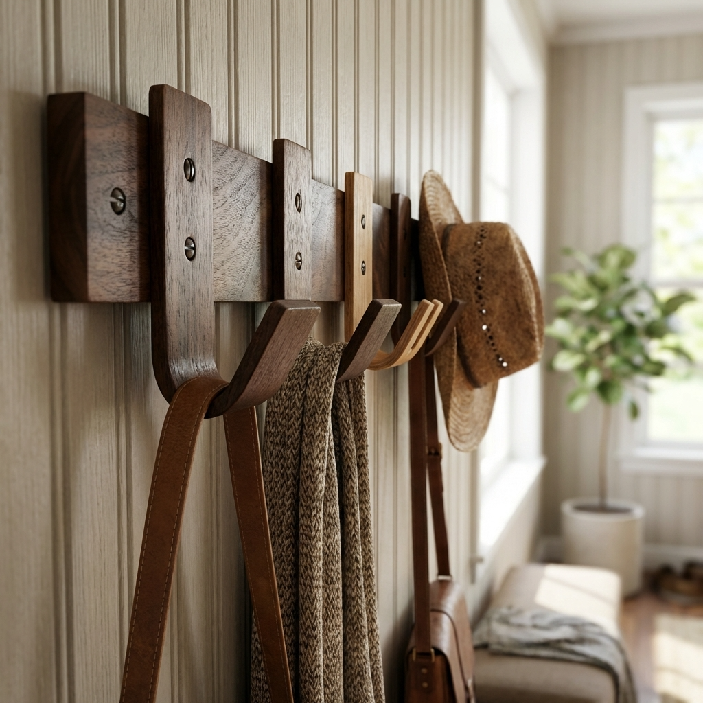 Wooden wall hooks with a hat, scarf, and belt in a home setting.
