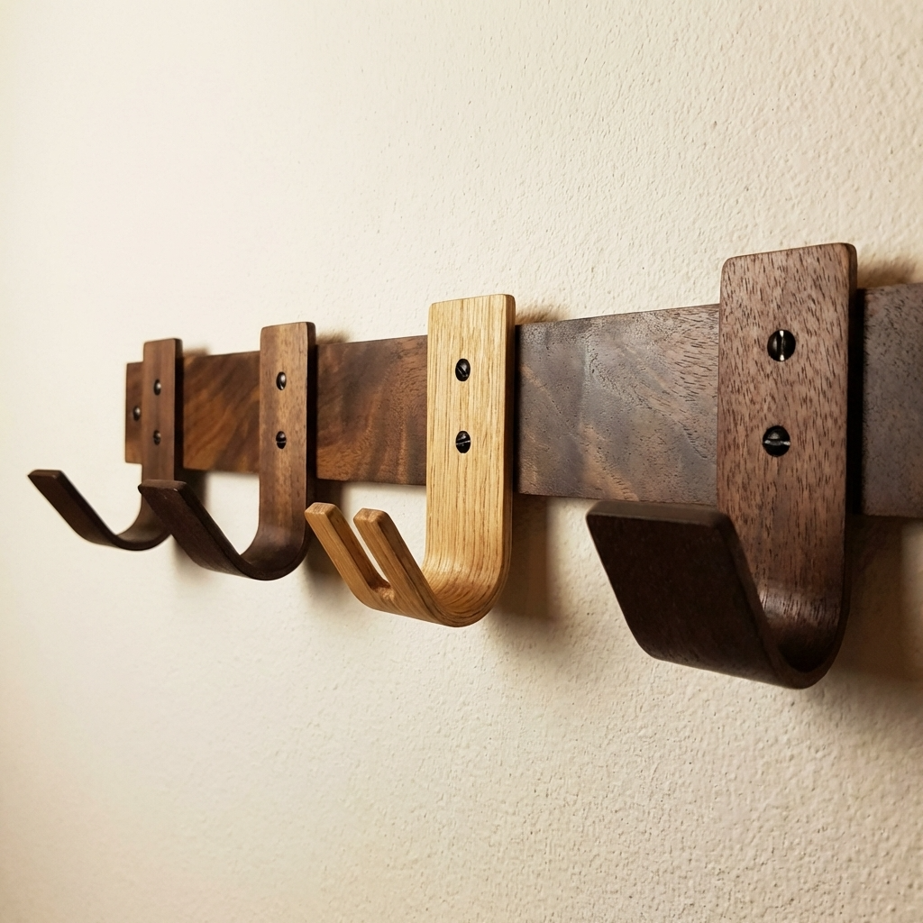 Side angle of walnut coat rack showing oak key hook