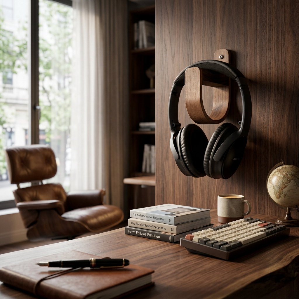 Desk setup with headphones, books, keyboard, and a chair in a room with large windows.